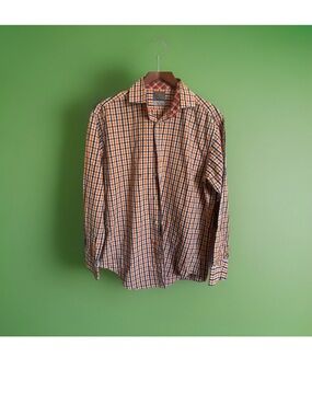 Men's THOMAS DEAN White Orange Black Plaid Shirt Large L